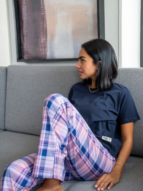 Women summer pajama set Dark Blue Tee + Purple X Navy Plaid Pants
